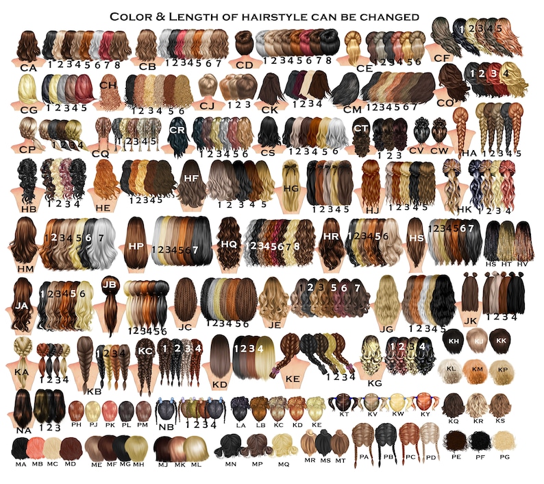 Pu&ograve; includere: Un grafico con 48 diversi stili di capelli per donne. Ogni stile &egrave; numerato da 1 a 8. Il grafico &egrave; intitolato "Colore e lunghezza dello stile dei capelli possono essere modificati".