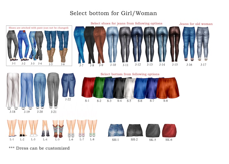 May include: A selection of different jeans, pants, shorts, and skirts for a customizable avatar. The image includes text that says "Select bottom for Girl/Woman" and "Select shoes for jeans from following options".
