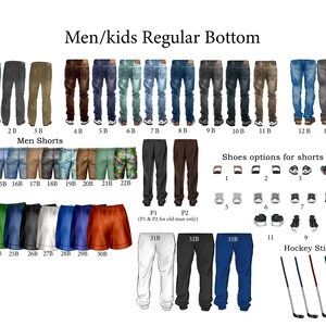 Pu&ograve; includere: Un grafico che mostra diversi stili di pantaloncini per uomo e bambino, tra cui jeans, pantaloncini cargo, pantaloncini sportivi e pantaloncini da bagno. Il grafico include anche opzioni per scarpe e bastoni da hockey.