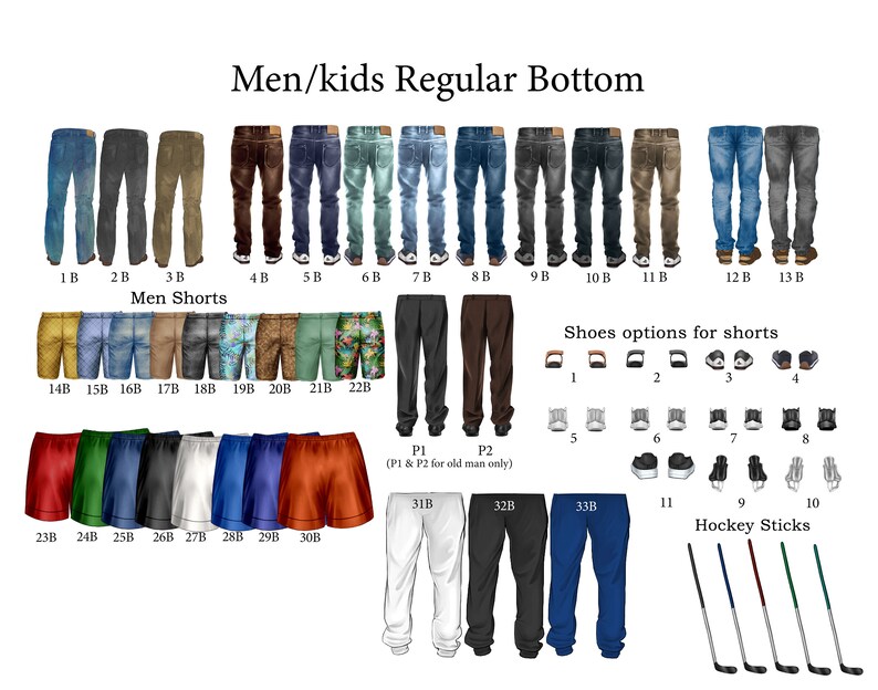 Pu&ograve; includere: Un grafico che mostra diversi stili di pantaloncini per uomo e bambino, tra cui jeans, pantaloncini cargo, pantaloncini sportivi e pantaloncini da bagno. Il grafico include anche opzioni per scarpe e bastoni da hockey.