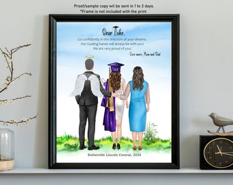 Personalized GRADUATION MEMORIAL PRINT-Graduation in Heaven-Custom Graduation with Parent-Angel Wings-Graduate Daughter Dad Remembrance Gift
