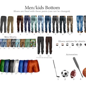 May include: A chart showing different styles of pants, shorts, and shoes for men and children. The chart includes a variety of colors and patterns, including blue jeans, khaki pants, and floral shorts. The chart also includes a section for accessories, such as a baseball bat, a football, and a basketball.