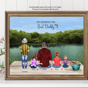 Personalised FATHER&#39;S DAY GIFT for Dad-Dad Fishing with kids-Gift for Fishing lover-Custom Family Fishing Wall Art-Gift For Husband-Best Dad