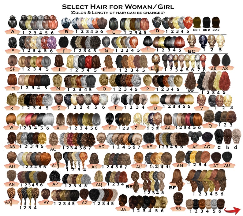 Pu&ograve; includere: Un grafico con diversi stili di capelli per donne e ragazze. Il grafico &egrave; etichettato con lettere e numeri. Ogni stile di capelli &egrave; di un colore e uno stile diverso.