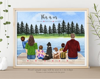PERSONALIZED FAMILY PORTRAIT With Pets Family and Dog Portrait Dog Family Print Dog Lover Gift Family Pet Print Angel Dog Print Dog Mom Gift