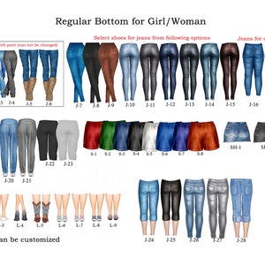 Pu&ograve; includere: Un'illustrazione digitale di vari stili di jeans e pantaloncini per donne. L'immagine include una variet&agrave; di colori e lavaggi, tra cui blu, nero, grigio e marrone. Il testo "Shoes are attached with pant (can not be changed)" &egrave; nella parte superiore dell'immagine. Il testo "Regular Bottom for Girl/Woman" &egrave; nella parte superiore centrale dell'immagine. Il testo "Select shoes for jeans from following options" &egrave; nella parte superiore centrale dell'immagine. Il testo "Jeans for old woman" &egrave; nella parte superiore destra dell'immagine. Il testo "*** Dress can be customized" &egrave; nella parte inferiore centrale dell'immagine.
