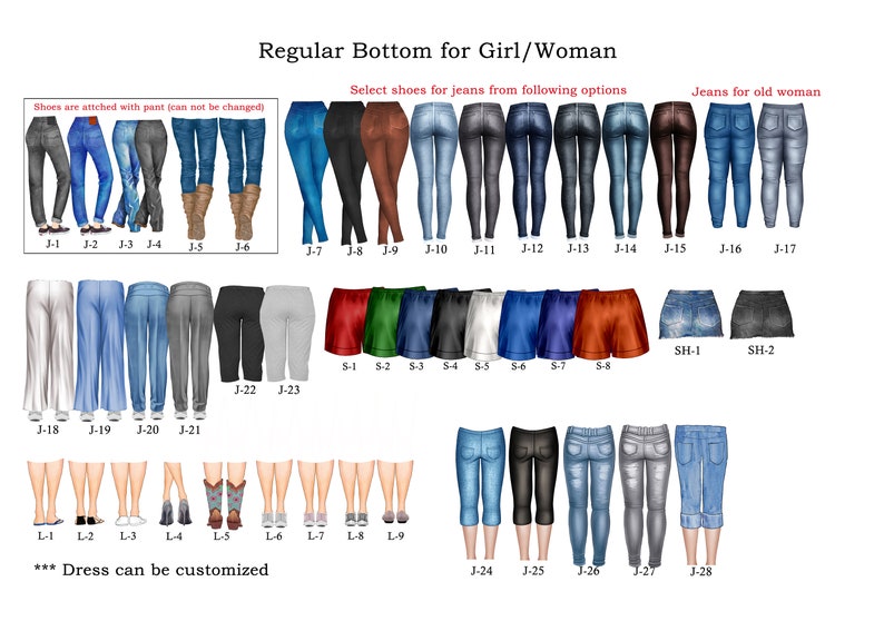 Pu&ograve; includere: Un'illustrazione digitale di vari stili di jeans e pantaloncini per donne. L'immagine include una variet&agrave; di colori e lavaggi, tra cui blu, nero, grigio e marrone. Il testo "Shoes are attached with pant (can not be changed)" &egrave; nella parte superiore dell'immagine. Il testo "Regular Bottom for Girl/Woman" &egrave; nella parte superiore centrale dell'immagine. Il testo "Select shoes for jeans from following options" &egrave; nella parte superiore centrale dell'immagine. Il testo "Jeans for old woman" &egrave; nella parte superiore destra dell'immagine. Il testo "*** Dress can be customized" &egrave; nella parte inferiore centrale dell'immagine.