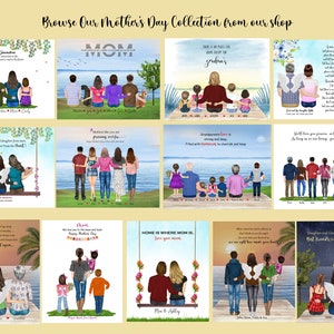May include: A collection of personalized Mother's Day illustrations featuring families and friends. The illustrations are in a watercolor style and depict people standing on a beach or a dock. The illustrations include text such as "Mom", "Grandma", and "Home is where Mom is".