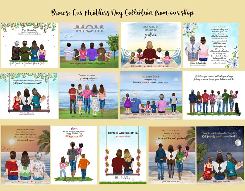 May include: A collection of personalized Mother's Day illustrations featuring families and friends. The illustrations are in a watercolor style and depict people standing on a beach or a dock. The illustrations include text such as "Mom", "Grandma", and "Home is where Mom is".
