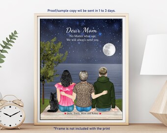 MOTHER DAUGHTER PRINT-Christmas Gifts For Mom-Personalized Wall Art for Mom from daughters-Mom and 2, 3 daughters Drawing-Mom Birthday Gift