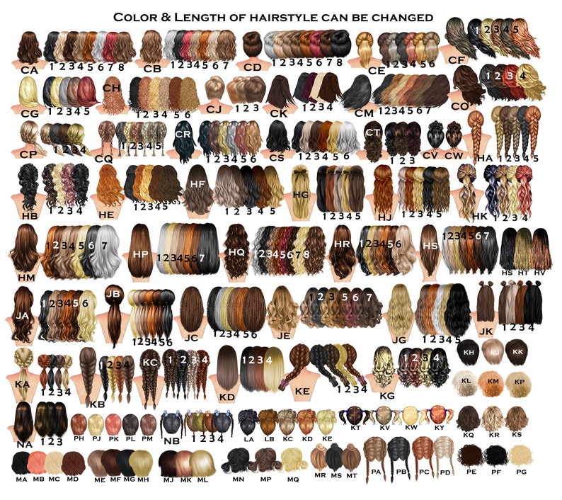 Pode incluir: Um gr&aacute;fico com 48 penteados diferentes para mulheres. Cada penteado &eacute; numerado de 1 a 8. O gr&aacute;fico tem o t&iacute;tulo "Cor e comprimento do penteado podem ser alterados".
