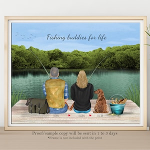 Custom Couple Fishing Portrait, Fishing Gift for Couples, Gift For Boyfriend, Fishing Print, Christmas Gift for Couples, Fishing on Lake