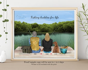 Custom Couple Fishing Portrait, Fishing Gift for Couples, Gift For Boyfriend, Fishing Print, Christmas Gift for Couples, Fishing on Lake
