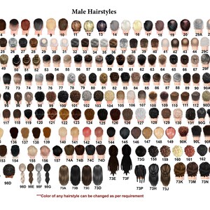 May include: A chart of 180 different male hairstyles, numbered and labeled. The hairstyles are shown from the back of the head. The text at the bottom of the chart reads "***Color of any hairstyle can be changed as per requirement***".