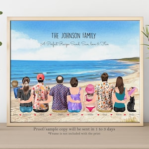 Cartoon Family Print With Pets-PERSONALISED FAMILY PORTRAIT on a Beach-Beach Family Day-Custom Beach Background-Customize Characters and Pet