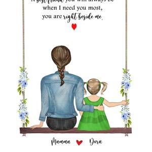 May include: A watercolor illustration of a mother and daughter sitting on a swing. The mother is wearing a denim jacket and jeans, and the daughter is wearing a green dress. The text "A best friend you will always be when I need you most, you are right beside me." is written above the image. The text "Mamma" and "Dora" are written below the image.