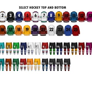Pu&ograve; includere: Un grafico con maglie e pantaloncini da hockey numerati in vari colori. Il testo "SELECT HOCKEY TOP AND BOTTOM" &egrave; in cima al grafico.