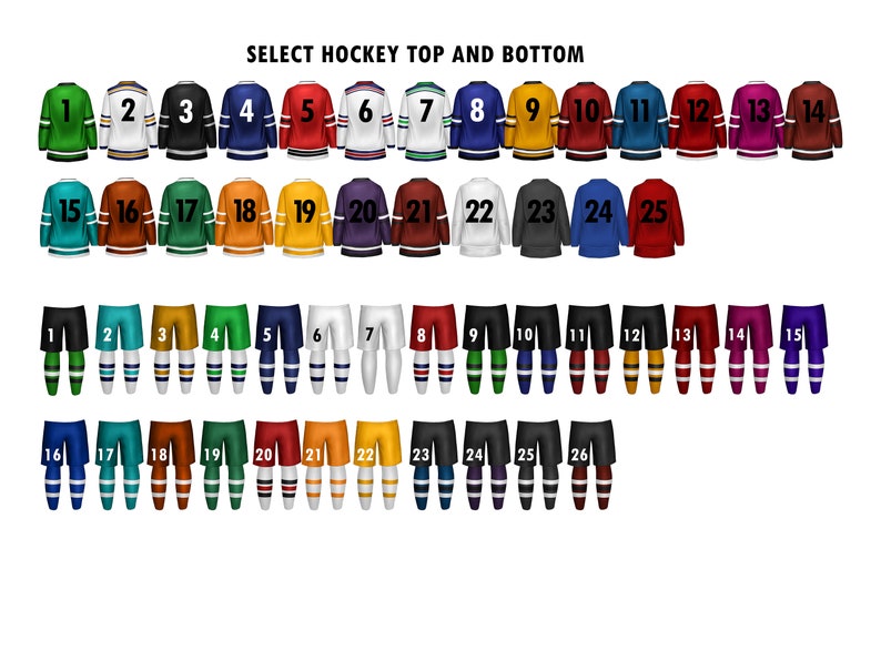 Pu&ograve; includere: Un grafico con maglie e pantaloncini da hockey numerati in vari colori. Il testo "SELECT HOCKEY TOP AND BOTTOM" &egrave; in cima al grafico.