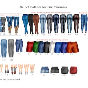 Pode incluir: Uma sele&ccedil;&atilde;o de diferentes cal&ccedil;as de ganga, cal&ccedil;&otilde;es e saias para mulheres. A imagem inclui uma variedade de estilos e cores, incluindo azul, preto, vermelho e verde. O texto "Select bottom for Girl/Woman" est&aacute; no topo da imagem.