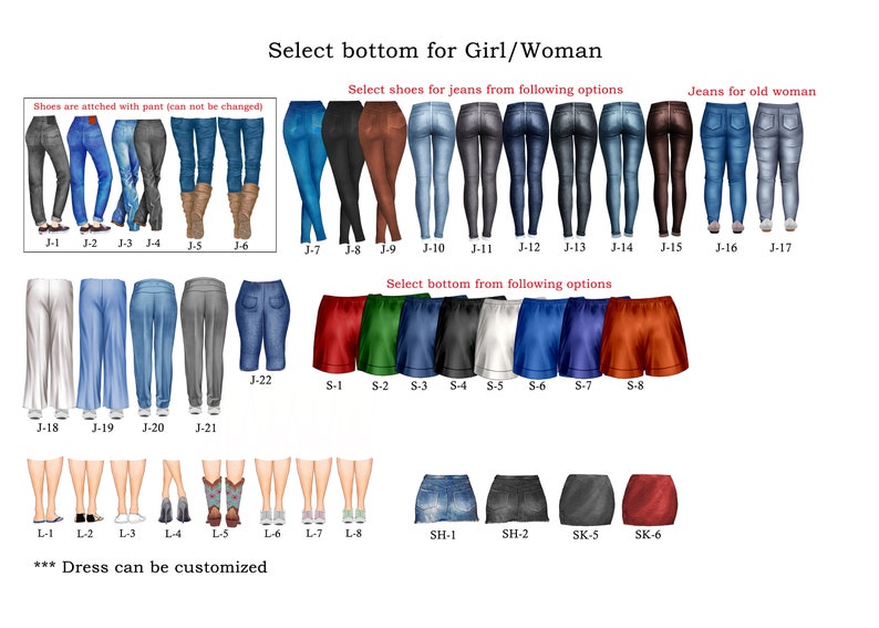 Pode incluir: Uma sele&ccedil;&atilde;o de diferentes cal&ccedil;as de ganga, cal&ccedil;&otilde;es e saias para mulheres. A imagem inclui uma variedade de estilos e cores, incluindo azul, preto, vermelho e verde. O texto "Select bottom for Girl/Woman" est&aacute; no topo da imagem.