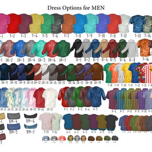 May include: A chart with a variety of clothing options for men, including t-shirts, long-sleeved shirts, hoodies, and hats. The chart is organized by category and includes a variety of colors and patterns.