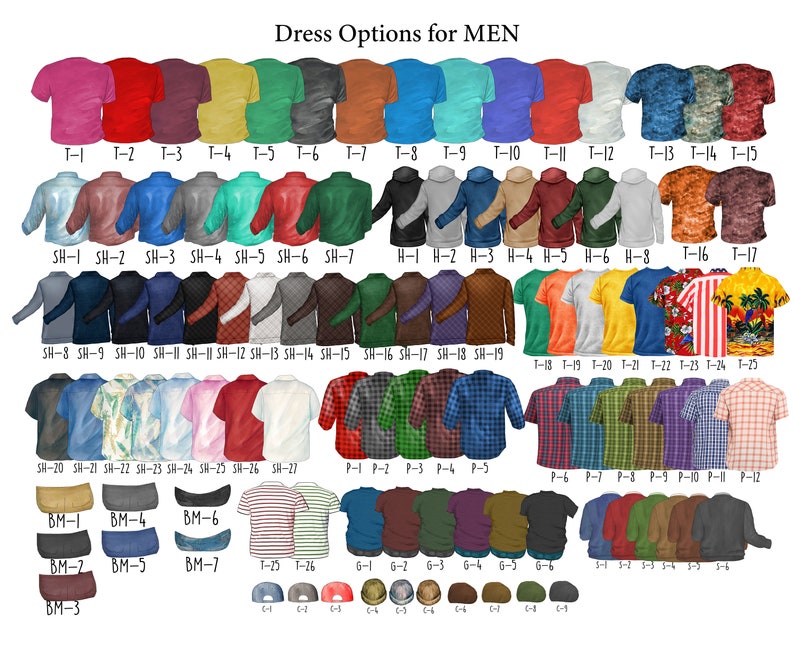 May include: A chart with a variety of clothing options for men, including t-shirts, long-sleeved shirts, hoodies, and hats. The chart is organized by category and includes a variety of colors and patterns.