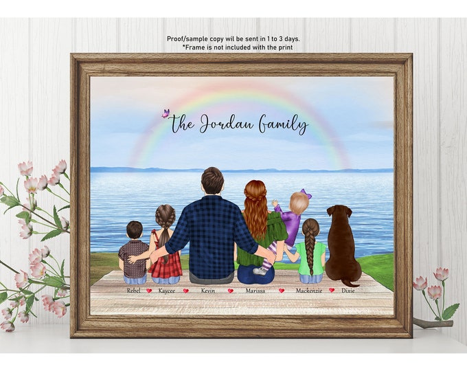 CUSTOM FAMILY PORTRAIT with Pets-Personalized Family Wall Art Illustration-Mothers Day Gift for Mom from Daughter-Mother birthday gift-Mom
