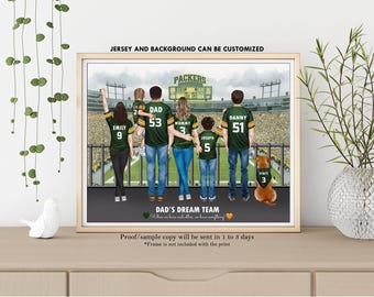 FOOTBALL FAMILY Portrait-Christmas Gifts Daddy's Dream Team-NFL Family Portrait-Cartoon Football Family Print-Personalized Football Fan Gift