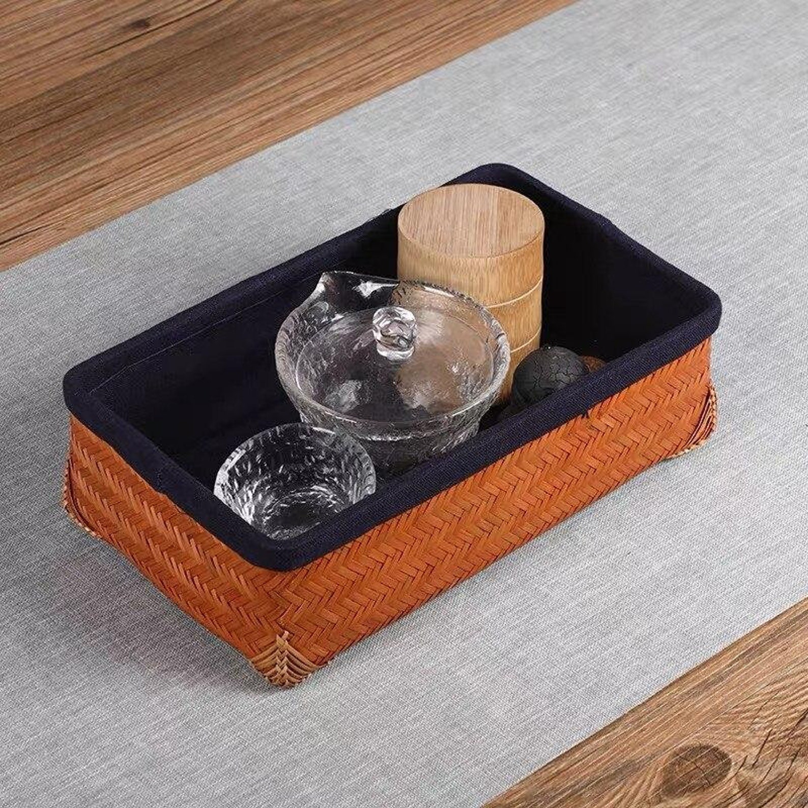 Tea set Storage Box Handmade Bamboo Light Brown Rectangle Etsy