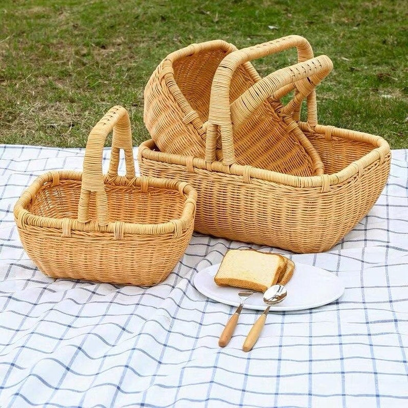Handmade rattan woven food fruit large capacity portable outdoor picnic vegetable storage basket Picnic basket