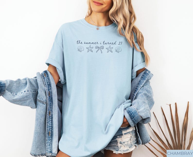 Pu&ograve; includere: T-shirt azzurra con la scritta "the summer i turned 21" e grafiche di conchiglie, stelle marine e fiocchi. La maglietta &egrave; abbinata a una giacca di jeans e pantaloncini di jeans. Il tema &egrave; l'estate e la spiaggia.