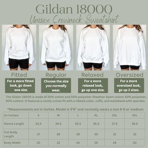 May include: White Gildan 18000 unisex crewneck sweatshirt. The image shows how the sweatshirt fits in fitted, regular, relaxed, and oversized styles. Measurements are in inches, including sleeve length, full body length, and body width.