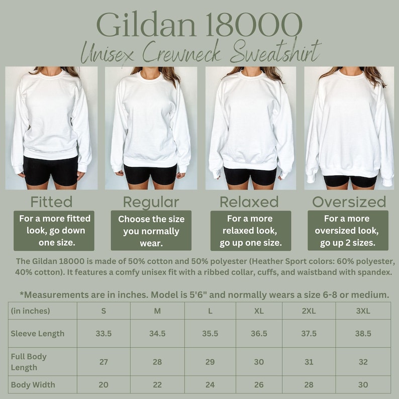 May include: White Gildan 18000 unisex crewneck sweatshirt. The image shows how the sweatshirt fits in fitted, regular, relaxed, and oversized styles. Measurements are in inches, including sleeve length, full body length, and body width.