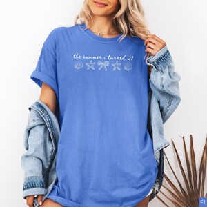 Pu&ograve; includere: Una maglietta blu con la scritta "the summer i turned 21" e grafiche di conchiglie, stelle marine e fiocchi. La maglietta &egrave; di colore blu unito e ha maniche corte. Una giacca di jeans &egrave; drappeggiata sulle spalle.