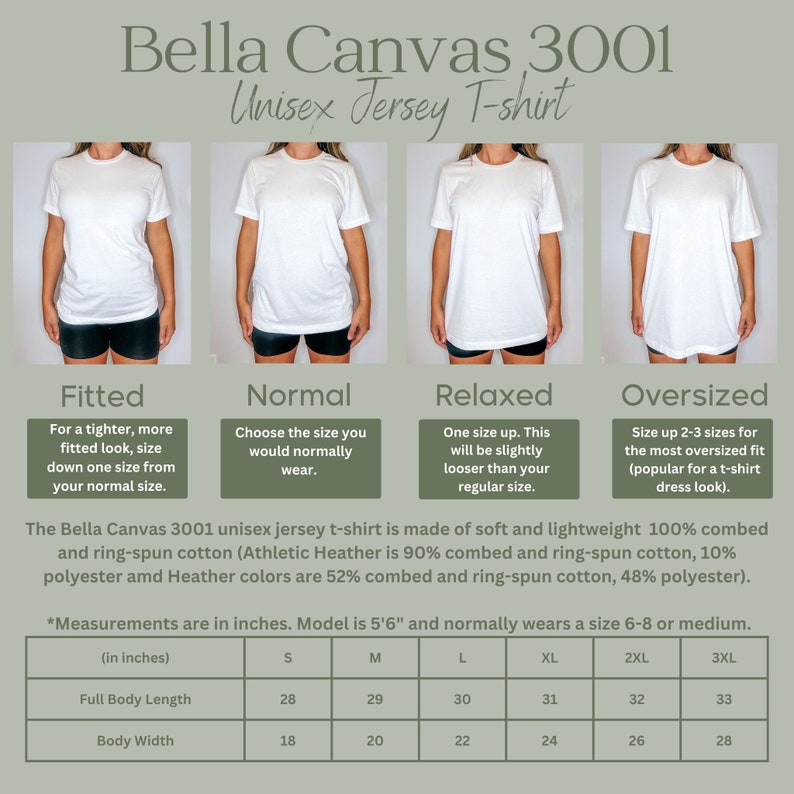 May include: Bella Canvas 3001 Unisex Jersey T-shirt size chart with four different fit options: Fitted, Normal, Relaxed, and Oversized. The chart shows the measurements in inches for each size: S, M, L, XL, 2XL, and 3XL. The measurements include full body length and body width.