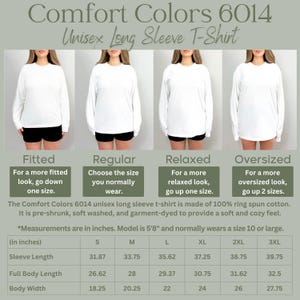 May include: A size chart for a unisex long-sleeve t-shirt made of 100% ring spun cotton. The chart shows measurements in inches for sleeve length, full body length, and body width. The chart also includes descriptions of the fit for each size: fitted, regular, relaxed, and oversized.