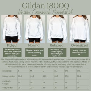 May include: A size chart for Gildan 18000 unisex crewneck sweatshirts. The chart shows the measurements in inches for sleeve length, full body length, and body width. The chart also includes descriptions of the fit for each size: fitted, normal, relaxed, and oversized.