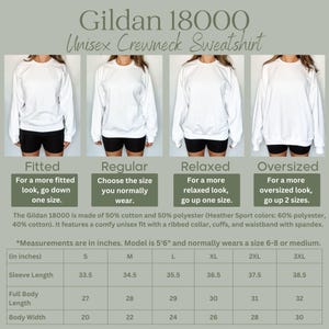 以下が含まれることがあります： Gildan 18000 ユニセックスクルーネック スウェットシャツのサイズチャート。チャートは、袖丈、体の全長、体の幅のインチ単位の測定値を示しています。チャートには、フィット、レギュラー、リラックス、オーバーサイズの異なるフィットの説明も含まれています。