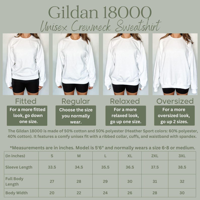以下が含まれることがあります： Gildan 18000 ユニセックスクルーネック スウェットシャツのサイズチャート。チャートは、袖丈、体の全長、体の幅のインチ単位の測定値を示しています。チャートには、フィット、レギュラー、リラックス、オーバーサイズの異なるフィットの説明も含まれています。
