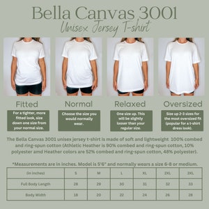 May include: Bella Canvas 3001 Unisex Jersey T-shirt size chart with four different fit options: Fitted, Normal, Relaxed, and Oversized. The chart shows the measurements in inches for each size: S, M, L, XL, 2XL, and 3XL. The measurements include full body length and body width.