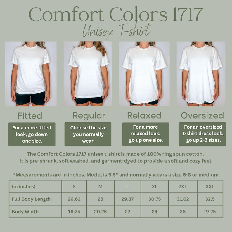 May include: A size chart for a unisex t-shirt, showing the measurements in inches for different sizes: S, M, L, XL, 2XL, and 3XL. The chart includes measurements for full body length and body width. The text "Comfort Colors 1717 Unisex T-shirt" is at the top of the chart.