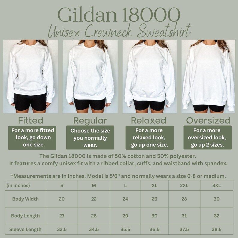 May include: White Gildan 18000 unisex crewneck sweatshirt. The image shows four models wearing the sweatshirt in different fits: fitted, regular, relaxed, and oversized. Measurements are provided in inches for body width, length, and sleeve length.