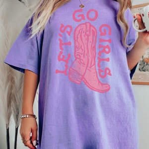 Comfort Colors Lets Go Girls Shirt, Cowgirl Bachelorette Bridal Party Shirts, Country Music Shirt, Nashville Girls Trip Western Graphic Tee Violet