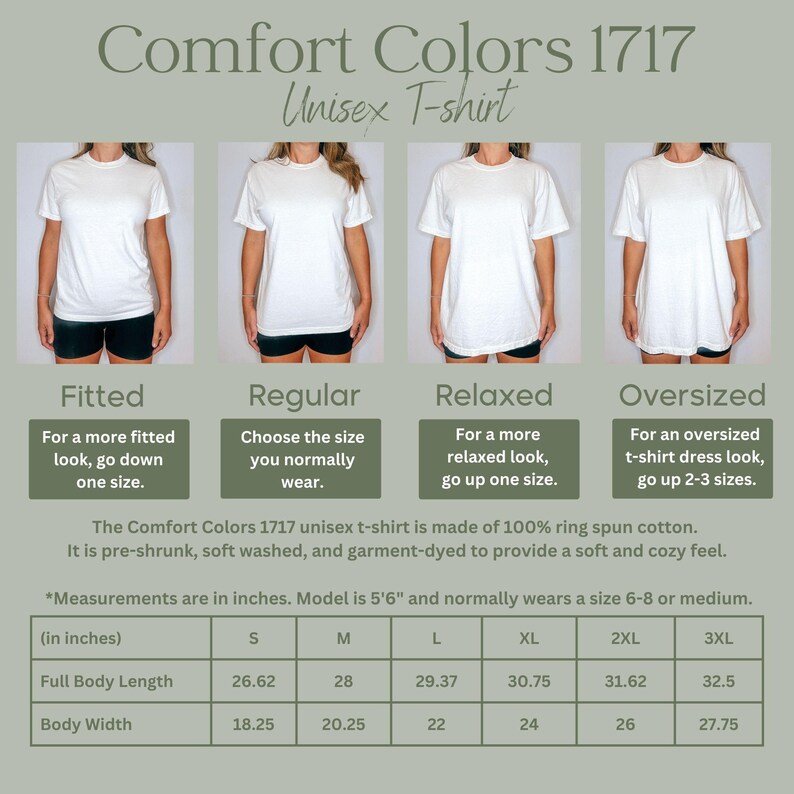 Puede incluir: Una tabla de tallas para una camiseta unisex, que muestra las medidas en pulgadas para diferentes tallas: S, M, L, XL, 2XL y 3XL. La tabla incluye medidas de la longitud total del cuerpo y el ancho del cuerpo. La tabla tambi&eacute;n incluye descripciones del ajuste para cada talla: ajustado, regular, relajado y de gran tama&ntilde;o.