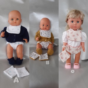 DIAPER, BIB and 2 WIPES set for dolls