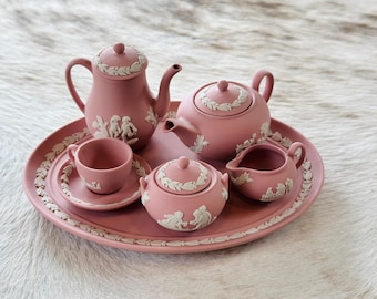 Rare Vintage pink Jasperware Miniatures Tea set. teapot, cup, saucer, tankard, made in England by Wedgwood.