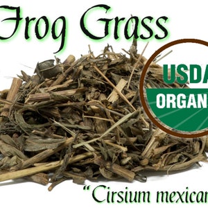 May include: A pile of dried, brown and green Frog Grass, also known as "Cirsium mexicanum", with a USDA Organic label.