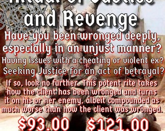 Puede incluir: Una imagen digital de una figura ritual con el texto "Ritual de Justicia y Venganza" y la pregunta "¿Te han hecho daño profundamente, especialmente de una manera injusta?" La imagen también incluye el texto "93,00 € con Adimu" y "121,00 € con Ebo".