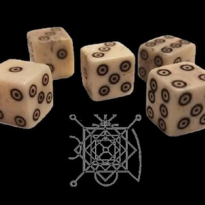 May include: Five white dice with black circles on each face. The dice are arranged in a semi-circle on a black background.