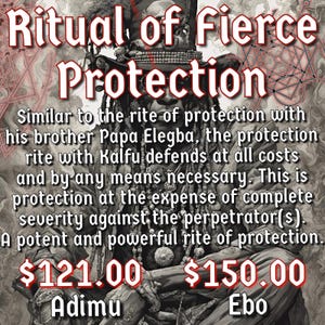 Puede incluir: Ilustración con el texto "Ritual de Protección Feroz". La imagen incluye texto que describe un rito de protección con Kalfu, y se enumeran los precios de "Adimu" y "Ebo".